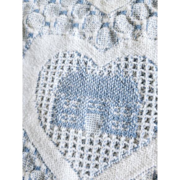 Vintage Fringe Woven Hearts Blanket 100% Cotton Granny CORE 49" x 54" BLUE WHT - Picture 4 of 6